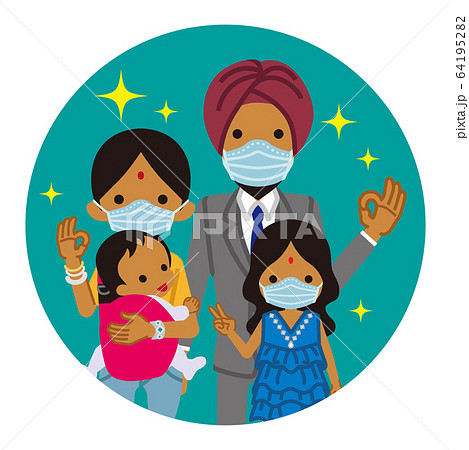 マスクを着用する家族 円形クリップアート 外国人 インド人のイラスト素材