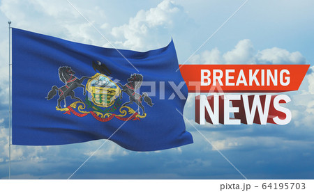 Breaking news. World news with background waving flag of the states of USA. State of Pennsylvania flag. Pandemic 3D illustration. Breaking news. World news with background waving flag of the states of USA. State of Pennsylvania flag. Pandemic 3D illustration. 64195703