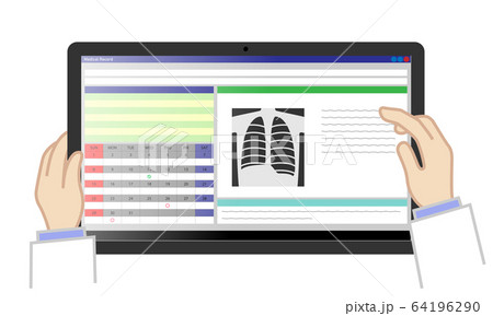 電子カルテが表示されたタブレット端末を医師が操作しているイラスト 正面 のイラスト素材