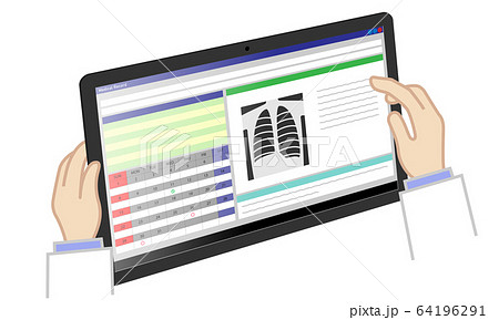 電子カルテが表示されたタブレット端末を医師が操作しているイラスト 斜めアングル のイラスト素材