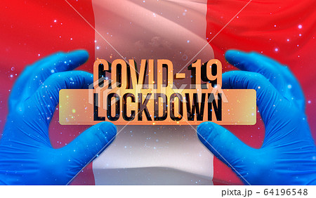 COVID-19 lockdown concept with backgroung of waving national flag of Peru. Pandemic 3D illustration. COVID-19 lockdown concept with backgroung of waving national flag of Peru. Pandemic 3D illustration. 64196548
