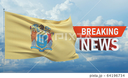 Breaking news. World news with background waving flag of the states of USA. State of New Jersey flag. Pandemic 3D illustration. 64196734