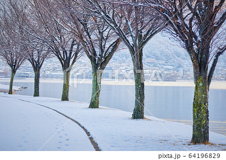 雪の積もった諏訪湖 64196829