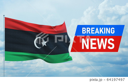 Breaking news. World news with backgorund waving national flag of Libya. 3D illustration. 64197497