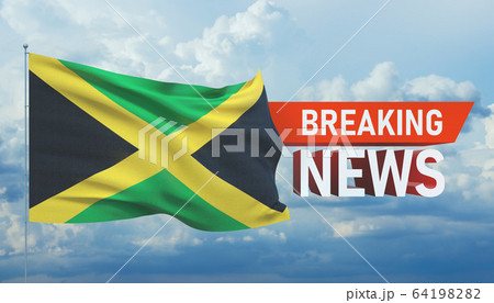 Breaking news. World news with backgorund waving national flag of Jamaica. 3D illustration. 64198282