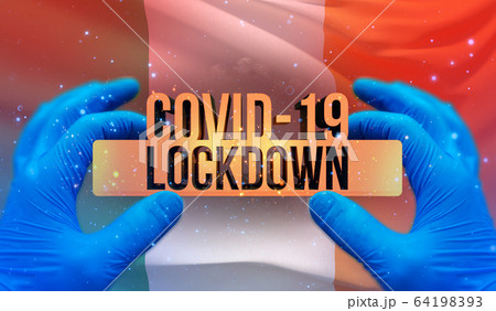 COVID-19 lockdown concept with backgroung of waving national flag of Ireland. Pandemic 3D illustration. 64198393