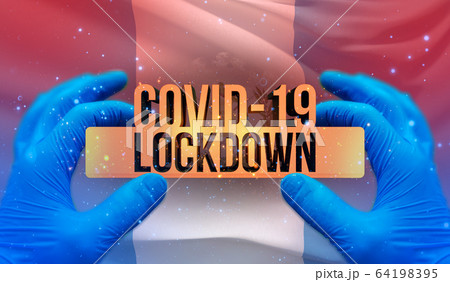 COVID-19 lockdown concept with backgroung of waving national flag of Guatemala. Pandemic 3D illustration. COVID-19 lockdown concept with backgroung of waving national flag of Guatemala. Pandemic 3D illustration. 64198395