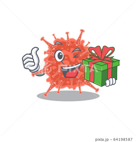 Smiley orthocoronavirinae cartoon character having a gift box 64198587
