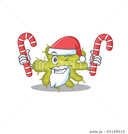 Friendly bacterium in Santa Cartoon character holds Christmas candies Friendly bacterium in Santa Cartoon character holds Christmas candies 64199010