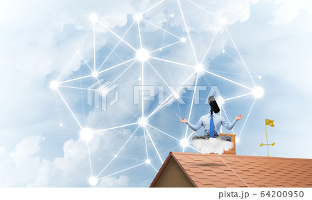 Concept of security and privacy protection with camera headed man meditating 64200950