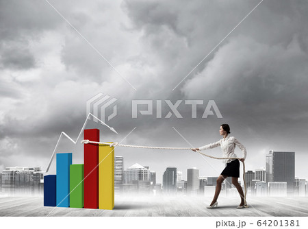 Businesswoman pulling arrow with rope and making it raise up Businesswoman pulling arrow with rope and making it raise up 64201381