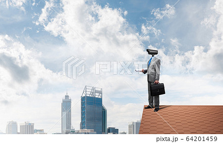 Concept of home security and privacy protection with camera headed man 64201459