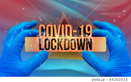 COVID-19 lockdown concept with backgroung of waving national flag of St. Lucia. Pandemic 3D illustration. COVID-19 lockdown concept with backgroung of waving national flag of St. Lucia. Pandemic 3D illustration. 64202013