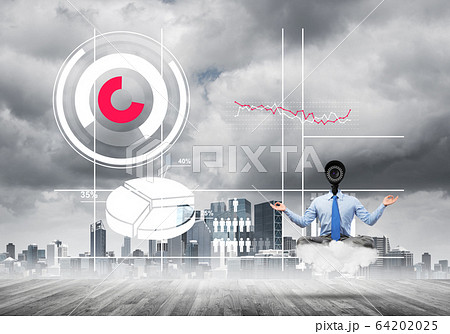 Camera headed man sitting in lotus pose on cloud against modern cityscape Camera headed man sitting in lotus pose on cloud against modern cityscape 64202025