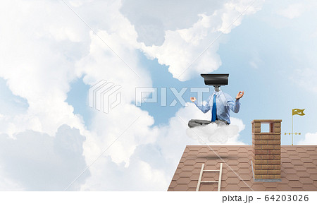 Concept of security and privacy protection with camera headed man meditating 64203026
