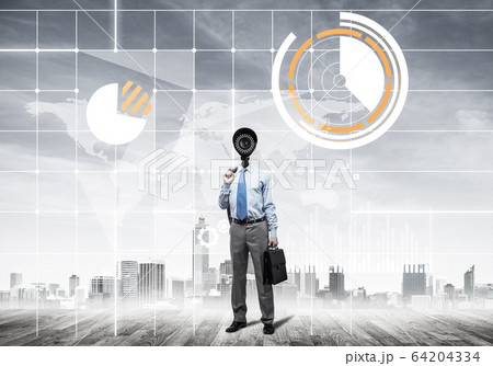 Camera headed man standing on wooden floor against modern citysc Camera headed man standing on wooden floor against modern citysc 64204334