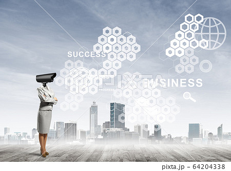 Concept of security and privacy protection with camera headed woman Concept of security and privacy protection with camera headed woman 64204338