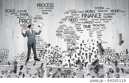 Businessman standing with megaphone. 64205119