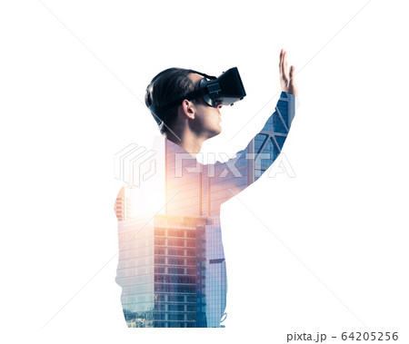 Guy wearing checked shirt and virtual mask stretching hand to to Guy wearing checked shirt and virtual mask stretching hand to to 64205256