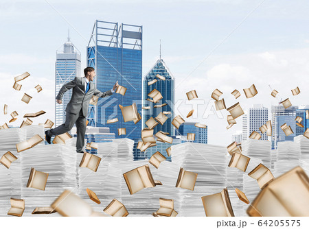Precise businessman in suit running with phone. Precise businessman in suit running with phone. 64205575