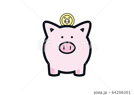 かわいいブタたの貯金箱と円マークのコインのイラストのイラスト素材