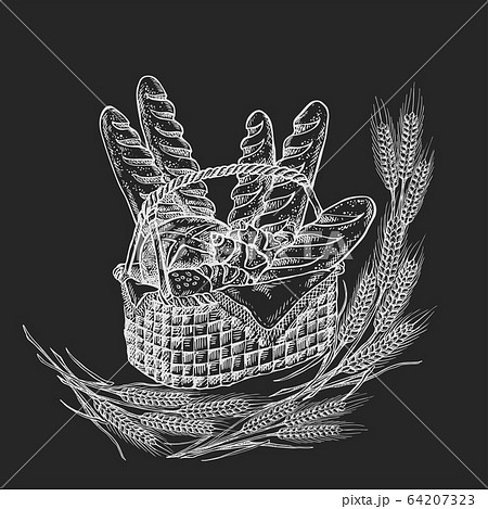 Hand drawn vintage vector illustration - Bakery Basket, chalk drawing on blackboard, 64207323