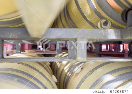 Perspectivew view of wine cellar with wooden barrels Perspectivew view of wine cellar with wooden barrels 64208874