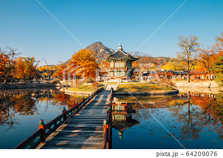 Gyeongbokgung Palace Hyangwonjeong with autumn maple in Seoul, Korea 64209076