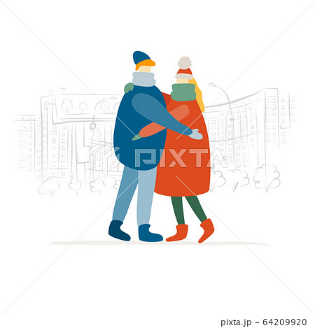 Couple, city street walkers, man and woman. Girl and guy in casual clothes walking, male and female characters. City background sketch. Couple, city street walkers, man and woman. Girl and guy in casual clothes walking, male and female characters. City background sketch. 64209920