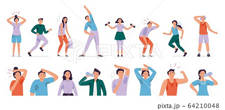 Sweating people. Sweaty man with wet underarms, gymnastically tired girl and unpleasant underarm smell vector set Sweating people. Sweaty man with wet underarms, gymnastically tired girl and unpleasant underarm smell vector set 64210048
