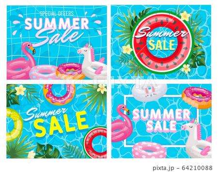 Summer sale banner. Summer pool deal flyer, fancy pink flamingo and watermelon floating ring special offer vector illustration set 64210088