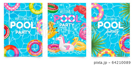 Pool party poster. Welcome to pool party flyer with swimming pool, floating rings and tropical leaves vector set 64210089