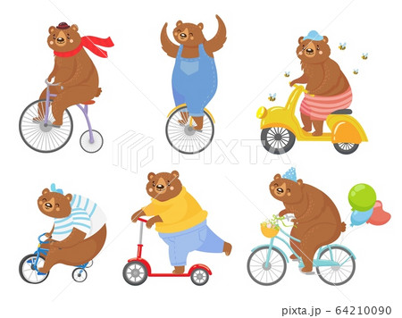 Cartoon biked bear. Bears on children tricycle, unicycle and retro bicycle. Animal riding bike, bicycles and scooter vector illustration set 64210090