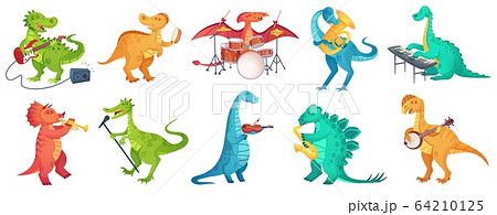 Dinosaur play music. Tyrannosaurus rockstar play guitar, dino drummer and cartoon dinosaurs musicians vector illustration set 64210125