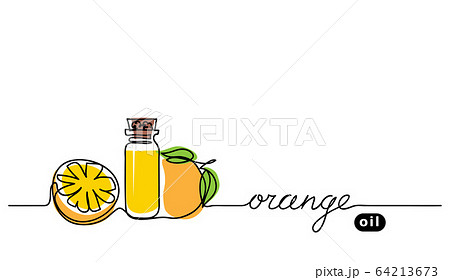 Orange, citrus oil in bottle. Simple vector banner. One continuous line drawing, background, illustration with lettering 64213673