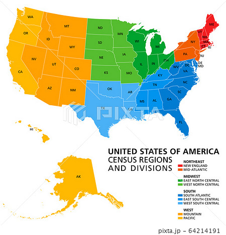 United States, Census regions and divisions, political map. Region definition widely used for data collection and analysis. The most commonly used classification system. English. Illustration. Vector. 64214191