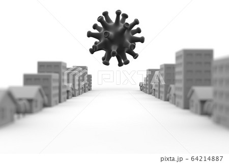 町を浮遊するコロナウイルス 人が出歩いていない街 3dレンダリングのイラスト素材