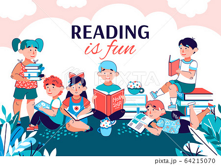 Reading is fun banner with children reading books in summer park. Reading is fun banner with children reading books in summer park. 64215070