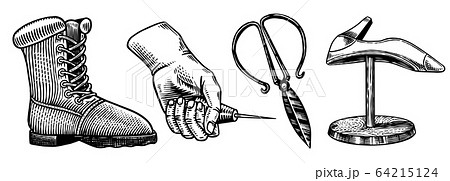Cobbler set. Professional equipments for Shoe repair. Shoemaker or bootmaker. Hand drawn engraved Cobbler set. Professional equipments for Shoe repair. Shoemaker or bootmaker. Hand drawn engraved 64215124