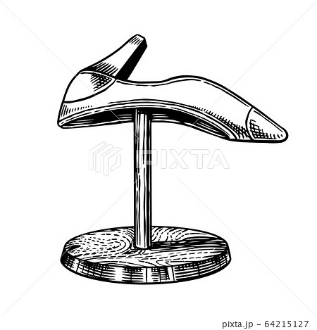 Stand for shoe repair. Women's boot in a workshop of a shoemaker. Hand drawn engraved old sketch for 64215127