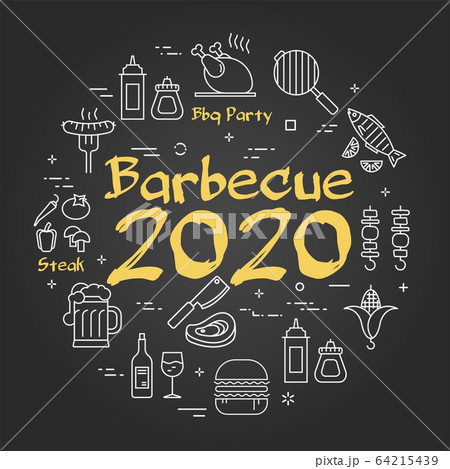 Vector black line banner for picnic and grill party - barbecue 2020 Vector black line banner for picnic and grill party - barbecue 2020 64215439