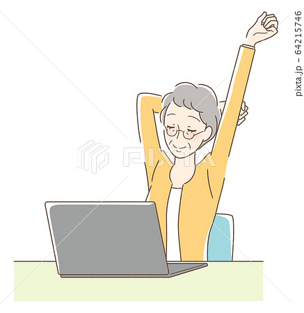 パソコンの前でストレッチをする女性 64215746