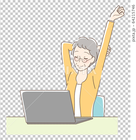 パソコンの前でストレッチをする女性 64215746