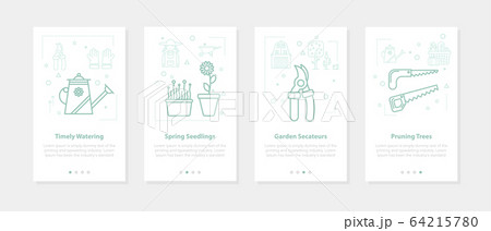 Four linear banners on white - seedling, watering, cutting, pruning Four linear banners on white - seedling, watering, cutting, pruning 64215780