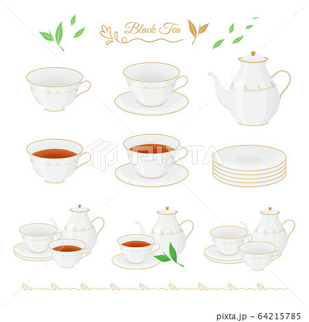 紅茶のイラスト素材セット ティーカップ ポット 茶葉のイラスト素材