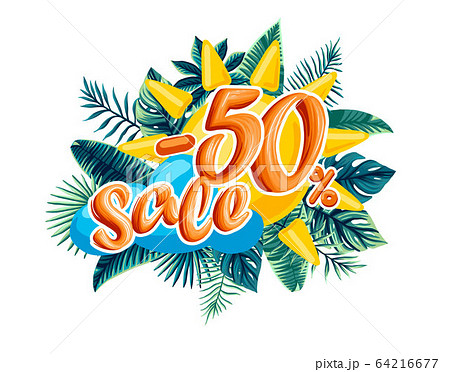 Sale. Tropical flowers, leaves and plants. the discount on the product Sale. Tropical flowers, leaves and plants. the discount on the product 64216677