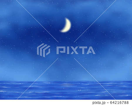 三日月がある星空と海・横長 64216788