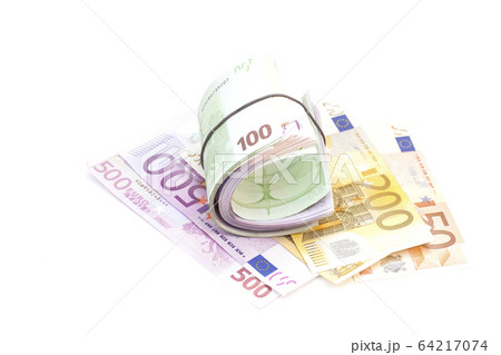 Euro banknotes under rubber band on banknotes 64217074