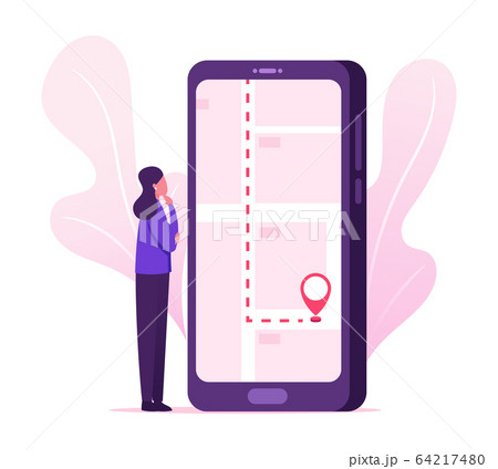 Mobile Navigation Concept. Female Character Using Mobile Phone to Pave the Way Using Application with Satellite Mobile Navigation Concept. Female Character Using Mobile Phone to Pave the Way Using Application with Satellite 64217480