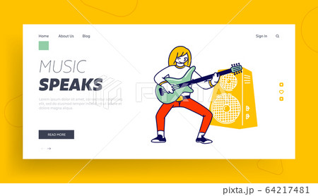 Girl Musician Practicing Playing Electric Guitar Website Landing Page. Lesson in Musical School or Soloist Music Concert 64217481